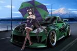  1girl absurdres azur_lane bangs black_hair black_pantyhose blue_sky car closed_mouth cloud commentary_request crossed_legs day feet ground_vehicle high_heels highres holding holding_umbrella horns kcar66t lamppost legs long_hair motor_vehicle mountain need_for_speed need_for_speed:_underground_2 nissan nissan_350z noshiro_(azur_lane) oni_horns outdoors pantyhose purple_eyes sky smile solo sports_car toes umbrella vehicle_focus vehicle_request 
