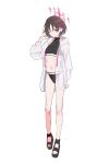  1girl black_hair blue_archive earrings full_body halo highres jacket jewelry mameojitan misaki_(blue_archive) navel one_eye_closed open_clothes open_jacket red_eyes sandals see-through see-through_jacket short_hair sketch solo standing stomach stud_earrings swimsuit 