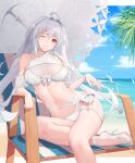  1girl ahoge bangs bare_shoulders beach beach_chair bikini blue_sky breasts closed_mouth collarbone commentary_request day fate/grand_order fate_(series) frilled_bikini frills high_heels highres kojo_(0124) lady_avalon_(fate) lady_avalon_(second_ascension)_(fate) long_hair looking_at_viewer medium_breasts merlin_(fate/prototype) navel one_eye_closed outdoors parasol purple_eyes revision shore sitting sky smile solo strappy_heels swimsuit thighs umbrella very_long_hair white_bikini white_hair 