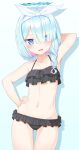  1girl @_@ arm_behind_head arm_up armpits arona_(blue_archive) bare_arms bare_shoulders bikini black_bikini blue_archive blue_background blue_eyes blue_hair blush braid collarbone commentary_request drop_shadow eyes_visible_through_hair frilled_bikini frills groin hair_over_shoulder hair_ribbon halo halterneck hand_on_hip highres long_hair looking_at_viewer multicolored_hair navel nenosame parted_lips pink_hair ribbon single_braid smile solo swimsuit two-tone_hair white_ribbon 