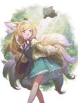  1girl :d animal_ears arknights blonde_hair blue_dress brown_jacket creature_on_head dress feet_out_of_frame fox_ears fox_girl fox_tail frilled_hairband frills hair_ribbon hairband highres jacket jell_(jell_y_fish) kitsune long_sleeves looking_at_animal multicolored_hair open_clothes open_jacket pinafore_dress red_ribbon ribbon smile solo standing streaked_hair suzuran_(arknights) tail white_hair yellow_eyes 