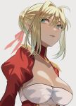  1girl blonde_hair bow braid breasts cleavage epaulettes expressionless fate/grand_order fate_(series) french_braid gilozy_king_2d green_eyes hair_bow hair_intakes highres looking_at_viewer looking_to_the_side nero_claudius_(fate) puffy_sleeves red_bow sidelocks solo wind 