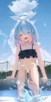  1girl ^_^ ^o^ arona_(blue_archive) bare_arms bare_legs bare_shoulders barefoot bikini black_bikini blue_archive blue_hair blue_sky blush bow_hairband braid closed_eyes closed_mouth cloud colored_inner_hair day facing_viewer fence foot_out_of_frame frilled_bikini frills hairband halo highres may9 multicolored_hair navel open_mouth outdoors pink_hair short_hair signature sitting sky smile solo splashing stomach swimsuit toes two-tone_hair water water_drop white_hairband 