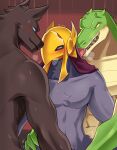  anthro anubian_jackal armor avian azir_(lol) big_dom_small_sub bird blush canid canine canis crocodilian dominant e_convenient group headgear helmet hi_res humanoid imminent_sex jackal league_of_legends licking male male/male mammal muscular muscular_male nasus_(lol) pecs renekton reptile riot_games scalie size_difference tongue tongue_out trio video_games 