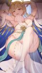  1girl armpits arms_up bangs bare_shoulders blonde_hair blush breasts brown_eyes covered_nipples djeeta_(granblue_fantasy) dress granblue_fantasy highres large_breasts looking_at_viewer short_hair sideboob smile solo thighs white_dress yasojima_nejiro 