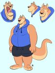  2022 anthro belly big_belly bottomwear brok_the_investigator brown_body clothing hi_res hoodie kangaroo macropod male mammal marsupial overweight overweight_male shorts simple_background sin_(brok_the_investigator) solo talegas topwear video_games 