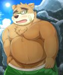  2022 anthro band-aid bandage belly big_belly blush bottomwear brown_body clothing cloud detailed_background eyewear genitals glasses guratan_wa hi_res humanoid_hands kemono lifewonders male mammal moobs one_eye_closed outside overweight overweight_male penis shorts solo sun tokyo_afterschool_summoners undressing ursid video_games volos 