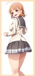  1girl :d absurdres ahoge amagi_(volfuji) ass braid curvy feet_out_of_frame from_behind from_side grey_sailor_collar grey_skirt highres long_legs long_sleeves looking_at_viewer looking_back love_live! love_live!_sunshine!! miniskirt narrow_waist orange_hair pleated_skirt red_eyes ribbon sailor_collar school_uniform serafuku shirt short_hair side_braid skirt smile solo takami_chika thick_thighs thighs uranohoshi_school_uniform w_arms wide_hips winter_uniform yellow_ribbon yellow_shirt 