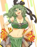  1girl :d black_headwear cheerleader cowboy_shot green_eyes green_hair green_skirt hair_between_eyes hands_on_hips hat highres holding holding_pom_poms looking_at_viewer navel nunnun_(shunka_shuutou) ofuda ofuda_on_clothes one-hour_drawing_challenge open_mouth pom_pom_(cheerleading) see-through see-through_skirt short_hair skirt smile soga_no_tojiko solo standing tate_eboshi touhou two-tone_background white_background yellow_background 