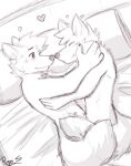  &lt;3 anthro bed blush canid cheek_tuft closed_smile duo eyes_closed facial_tuft furniture hair hand_on_face happy hi_res looking_at_another looking_at_partner lying male mammal monochrome mouth_closed on_bed on_side pache_riggs pillow short_hair signature tuft 