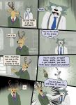  2022 anthro antlers beastars blurred_background bodily_fluids bottomwear canid canine canis cervid clock clothed clothing comic dialogue dress_shirt duo english_text fur gesture hi_res horn humor inside jacket legoshi_(beastars) louis_(beastars) male mammal multiple_scenes open_mouth pants shirt shush standing suit suspenders sweat sweatdrop teeth text the_truth tongue topwear tuft vest watch wolf yatewilliams 