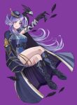  1girl absurdres alien_simp bandaged_arm bandages belt blue_eyes boots coat cross-laced_footwear crossed_legs dress ember_(selen_tatsuki) feathers grin head_wings highres long_hair military military_uniform nijisanji nijisanji_en purple_background purple_eyes purple_hair selen_tatsuki simple_background sleeveless sleeveless_dress smile solo uniform virtual_youtuber 