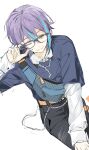  1boy adjusting_eyewear belt_chain black-framed_eyewear black_pants blue_hair blue_shirt dutch_angle glasses grin highres iwatnc kamishiro_rui layered_sleeves long_sleeves looking_at_viewer male_focus multicolored_hair one_eye_closed orange_belt pants project_sekai purple_hair shirt short_over_long_sleeves short_sleeves simple_background sitting sleeve_cuffs smile solo streaked_hair white_background white_sleeves yellow_eyes 