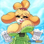  alcohol animal_crossing anthro areola barmaid beer beverage big_breasts blonde_hair blush blush_stickers bouncing_breasts breasts buckteeth canid canine canis clothing container cup domestic_dog dress female hair hi_res holding_cup holding_object huge_breasts ichduhernz isabelle_(animal_crossing) looking_at_viewer mammal nintendo open_mouth orange_areola shih_tzu solo teeth toy_dog video_games yellow_body 
