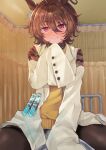  1girl agnes_tachyon_(umamusume) ahoge bed black_pantyhose black_shirt blush brown_hair coat commentary_request curtains hair_between_eyes horei_tsuna horse_girl labcoat looking_at_viewer pantyhose red_eyes shirt short_hair sleeves_past_fingers sleeves_past_wrists smile straddling sweater test_tube umamusume white_coat yellow_sweater 