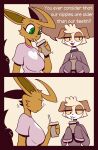  annoyed anthro breasts canid canine canis clothed clothing comic container cup dialogue domestic_dog drinking eevee english_text female generation_1_pokemon green_eyes hi_res humor kenny_(r-mk) long_sleeves looking_at_another mammal naomi_(r-mk) nintendo pokemon pokemon_(species) r-mk shirt speech_bubble straw sweater t-shirt text topwear video_games 