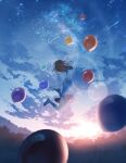  1girl absurdres arm_up bad_proportions balloon barefoot cloud floral_print full_body furi0831 highres lens_flare original outdoors scenery shirt skirt sky solo sunset white_shirt 