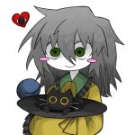  bags_under_eyes black_cat black_fur black_headwear blush cat green_eyes grey_hair hat heart highres koishi_komeiji&#039;s_heart-throbbing_adventure komeiji_koishi medium_hair pale_skin ribbon shirt simple_background smile third_eye touhou whiskers white_background yellow_eyes yellow_ribbon yellow_shirt zunusama 