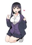  1girl :d bangs black_hair black_skirt blazer blush breasts brown_hair character_request copyright_request full_body heart higashi_ringo jacket large_breasts long_sleeves looking_at_viewer mole mole_on_neck purple_sweater shirt simple_background skirt smile squatting sweater white_background white_shirt 