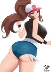  absurdres ass baseball_cap black_vest blue_eyes breasts brown_hair curly_hair cutoffs denim denim_shorts exposed_pocket hat high_ponytail highres hilda_(pokemon) kaos_art large_breasts long_hair pokemon shirt short_shorts shorts sidelocks sleeveless sleeveless_shirt tank_top vest white_shirt wristband 