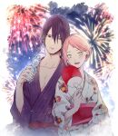  1boy 1girl bangs black_eyes black_hair bottle collarbone couple facial_mark fireworks floral_print green_eyes hetero highres holding holding_bottle japanese_clothes kimono looking_at_another looking_at_viewer naruto_(series) obi paddle parted_bangs pink_hair print_kimono purple_eyes purple_kimono ramune rinnegan sash short_hair striped striped_kimono suzu_(tg_390) table_tennis_paddle uchiha_sarada uchiha_sasuke vertical-striped_kimono vertical_stripes white_kimono 