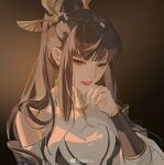  1girl backlighting brown_hair dark detached_sleeves dress gradient gradient_background hair_ornament hand_up long_hair looking_to_the_side parted_lips ponytail portrait shanguang_wan&#039;er_(wangzhe_rongyao) solo teeth thinking wangzhe_rongyao white_dress yanzhi_bai 