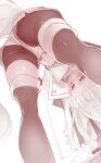  1girl bike_shorts bike_shorts_under_shorts brown_eyes character_request copyright_request forehead long_hair looking_at_viewer monochrome nurami_(shouji) red_theme shorts solo spot_color thighhighs 