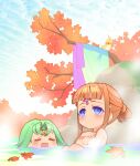  2girls bangs brown_hair green_hair highres jewelry leaf multiple_girls onsen outdoors shiho_(valkyrie_profile) tree valkyrie_profile water yumei_(valkyrie_profile) yunde_(twez3727) 