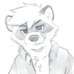  1:1 anthro bust_portrait button_(fastener) cheek_tuft chest_tuft clothed clothing facial_tuft front_view hair inner_ear_fluff licking licking_lips licking_own_lips looking_at_viewer male mammal messy_hair monochrome narrowed_eyes pache_riggs portrait procyonid raccoon self_lick short_hair simple_background simple_eyes solo tongue tongue_out topwear tuft unsigned whiskers white_background 