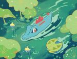  artist_name brown_eyes character_request from_above looking_at_another lotad no_humans pegushi pokemon pokemon_(creature) pokemon_(game) surskit swimming totodile water 