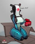  android big_breasts bottomless breasts cardboard clothed clothing dialogue faceless_character faceless_humanoid first_aid_kit glistening glistening_body grey_background hi_res holding_object humanoid machine medical_instrument psyk323 robot robot_humanoid scientific_instrument simple_background sitting text thick_thighs three-quarter_view watermark wide_hips 