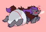  &lt;3 2022 anthro biped blue_eyes blush breath diaper diaper_only fan_character feces fur generation_5_pokemon grey_body grey_fur hair hi_res lying male messing_diaper messy_diaper mostly_nude nintendo on_front open_mouth pink_background pokeball pokemon pokemon_(species) premier_ball purple_hair rapoof rear_view shiny_pokemon simple_background smug soiled_diaper soiling solo video_games zor_(nya4) zoroark 