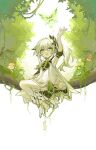  1girl :d aranara_(genshin_impact) arm_up branch bug butterfly cape commentary crystalfly_(genshin_impact) dress gem genshin_impact green_eyes green_gemstone green_theme highres leaf long_hair moss nahida_(genshin_impact) nogi_(nokisaki) open_mouth plant pointy_ears sitting sitting_on_branch smile solo stirrup_footwear symbol-only_commentary vines white_cape white_dress white_footwear 