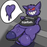  &lt;3 absurd_res anthro balls belly big_balls big_belly big_penis chappystick clothing dot_eyes english_text generation_1_pokemon gengar genitals gesture hi_res huge_balls huge_penis huge_thighs hyper hyper_balls hyper_genitalia hyper_penis looking_at_viewer male nintendo overweight overweight_anthro overweight_male penis pointing pointing_at_penis pokemon pokemon_(species) purple_body red_sclera shirt sitting smile solo speech_bubble text thick_thighs thong topwear underwear video_games 