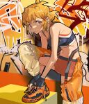  1girl alternate_costume bangs black_gloves black_sports_bra breasts chaps collarbone fingerless_gloves gloves graffiti hair_behind_ear highres orange_eyes orange_footwear orange_pants orange_shorts pants senki_zesshou_symphogear shoes short_hair shorts small_breasts sneakers solo sports_bra tachibana_hibiki_(symphogear) thundergotch tying_footwear 