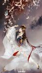  1girl absurdres bare_legs bird branch brown_hair falling_petals floating full_body gradient gradient_background hair_bun high_heels highres long_hair looking_up moon open_mouth original petals shiny shiny_hair smile solo teeth ya_qing_ran 