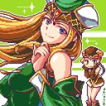  2girls blonde_hair blue_eyes braid frei_(valkyrie_profile) freya_(valkyrie_profile) gloves gold green_eyes hiroita long_hair looking_at_viewer lowres multiple_girls pixel_art siblings sisters smile valkyrie_profile 