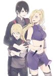  1girl 2boys :d absurdres bangs black_eyes black_pants black_skirt blonde_hair boruto:_naruto_next_generations crop_top crossed_arms fishnet_thighhighs fishnets floating_hair green_eyes grey_jacket grey_shirt grey_thighhighs groin hair_between_eyes hand_on_another&#039;s_shoulder highres holding holding_weapon jacket layered_skirt long_hair midriff miniskirt multiple_boys naruto_(series) open_mouth pants ponytail purple_skirt sai_(naruto) shiny shiny_hair shirt simple_background skirt smile spoilers standing stomach suzu_(tg_390) sweatdrop thighhighs two-tone_skirt very_long_hair weapon white_background yamanaka_ino yamanaka_inojin 