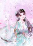  1girl arm_cutout baiguio_(zhu_xian) branch breasts brown_hair dress falling_petals green_dress hair_ornament holding holding_branch jewelry large_breasts leaf long_hair long_sleeves necklace petals pink_background sash solo teeth upper_body ya_qing_ran zhu_xian 