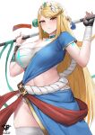  1girl absurdres alternate_costume bangs blonde_hair breasts chest_jewel cleavage cosplay fire_emblem gem headpiece highres kaos_art large_breasts long_hair lyn_(fire_emblem) lyn_(fire_emblem)_(cosplay) mythra_(xenoblade) solo swept_bangs tiara very_long_hair xenoblade_chronicles_(series) xenoblade_chronicles_2 yellow_eyes 