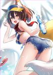  1girl :d animal_ears bikini bikini_top_only blue_archive blue_headwear blue_shorts bottle breasts brown_hair denim denim_shorts fang fingernails fox_ears fox_girl fox_tail from_behind hair_between_eyes highres holding holding_bottle izuna_(blue_archive) izuna_(swimsuit)_(blue_archive) legs looking_at_viewer looking_back medium_breasts open_mouth red_scarf scarf shorts smile solo striped striped_bikini swimsuit tail thighs visor_cap yan_(nicknikg) yellow_eyes 