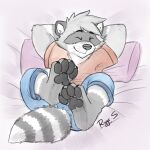  1:1 anthro bedding bedding_background black_eyebrows black_pawpads blue_bottomwear blue_clothing blue_pants bottomwear cheek_tuft closed_smile clothed clothing eyebrows eyes_closed facial_tuft front_view fur grey_body grey_ears grey_fur grey_hair grey_nose grey_tail hair hands_behind_head happy hi_res inner_ear_fluff lying male mammal markings mouth_closed on_back pache_riggs pants pawpads procyonid raccoon red_clothing red_shirt red_t-shirt red_topwear shirt signature solo striped_markings striped_tail stripes t-shirt tail_markings topwear tuft white_body white_fur white_inner_ear white_inner_ear_fluff white_tail 