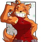  2022 absurd_res anthro canid canine canis dog_knight_rpg domestic_dog female flexing fur grin hair hi_res maci_(ceehaz) mammal muscular muscular_anthro muscular_female orange_body orange_fur orange_hair pomeranian sleeveless_shirt smile solo sparkles spitz umbranesper 