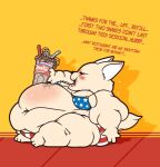  4th_of_july aggressive_retsuko animal_humanoid anthro belly belly_overhang big_belly bikini blush bodily_fluids canid canid_humanoid canine canine_humanoid clothing fawxen female fennec fennec_humanoid fenneko fox fox_humanoid humanoid hyper hyper_belly mammal mammal_humanoid milkshake morbidly_obese morbidly_obese_anthro morbidly_obese_female navel obese obese_anthro obese_female overweight overweight_anthro overweight_female sanrio short_stack sitting solo sweat swimwear text thick_thighs weight_gain 