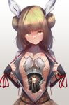  12_t 1girl android armor armored_dress blonde_hair closed_mouth cracked_skin double_bun gradient gradient_background hair_bun hair_ribbon head_tilt heterochromia highres joutouguu_mayumi looking_at_viewer mechanical_parts open_clothes red_eyes ribbon short_hair solo teruteru12 touhou vambraces white_background white_ribbon yellow_eyes 