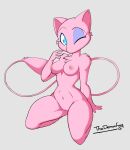  4_fingers anthro anthrofied biped blue_eyes breasts camel_toe clothed clothing edit eyelashes eyeshadow felid female fingers fur generation_1_pokemon genitals hi_res kneeling legendary_pokemon looking_at_viewer makeup mammal mew navel nintendo nipples one_eye_closed pink_body pink_fur pokemon pokemon_(species) pussy skimpy solo thedemonfoxy thick_thighs video_games wide_hips wink 