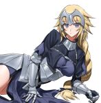  1girl armor bangs blonde_hair blue_eyes blush braid breasts closed_mouth fate/grand_order fate_(series) gauntlets headpiece highres jeanne_d&#039;arc_(fate) large_breasts long_hair looking_at_viewer lying on_side ryofu_x simple_background single_braid solo very_long_hair white_background 