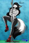  anthro black_hair bound_to_object canid canine clothing double_tail female fix footwear fur hair high_heels key latex mammal otakuwolf painted_claws restraints solo straitjacket struggling white_body white_fur 