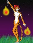  5_fingers anthro barefoot casual_nudity countershade_feet countershading feet felid female fingers fire grass hair looking_at_viewer mammal night nipples pantherine pink_nipples plant red_hair sky solo star starry_sky striped_body stripes tiger vjmorales 