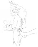  2022 4_ears 4_horns anthro apron apron_only biped butt charr clothing digital_media_(artwork) fangs felid female flat_chested guild_wars halbean hi_res horn looking_at_viewer looking_back looking_back_at_viewer mammal mostly_nude multi_ear multi_horn purna_whitewillow sketch smile solo video_games 